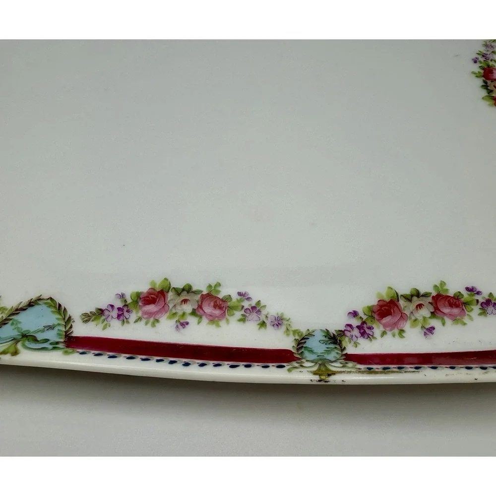 Antique ES Prussia Porcelain Dresser Tray Pink Roses Raspberry Border 11.25